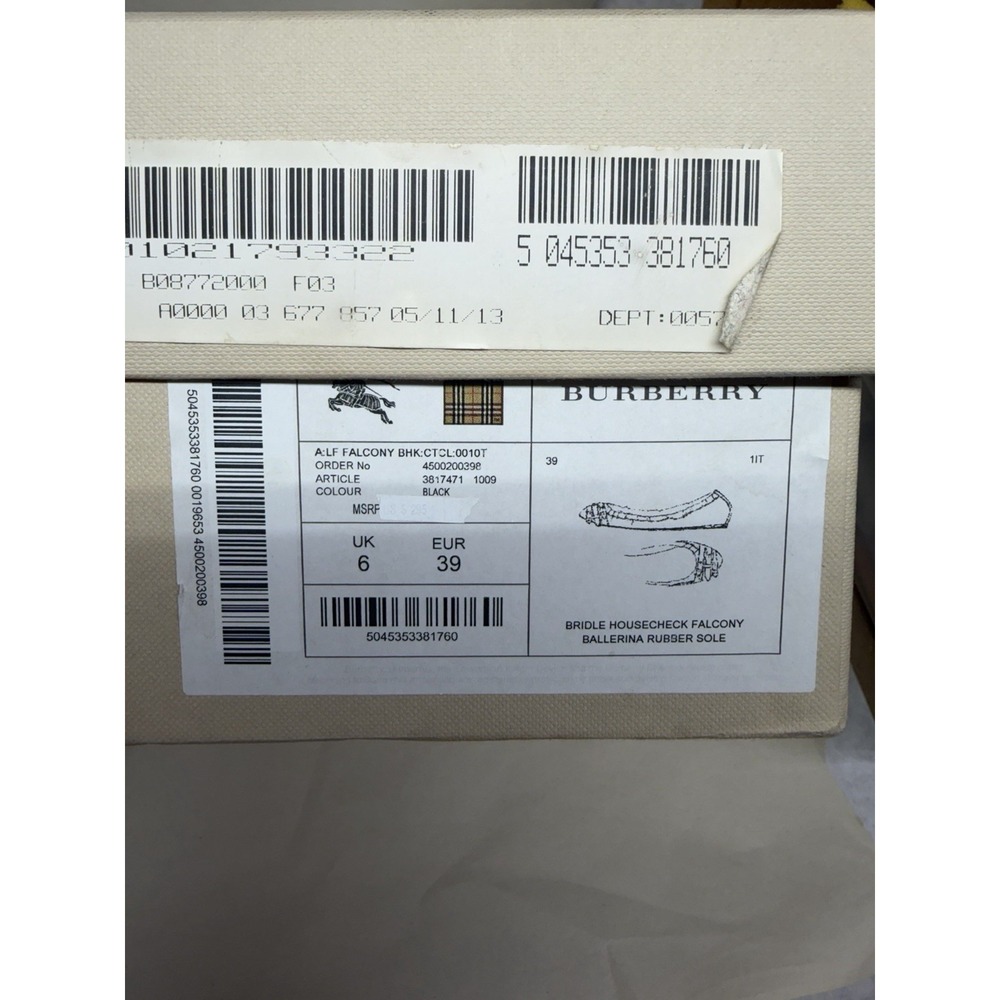 Burberry Falcony House Check Ballerina Flats Black Leather EU 39 UK 6 w/ Box - Picture 3 of 12